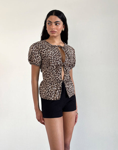 Image of Ryota Tie Front Blouse in Leopard Sandstorm