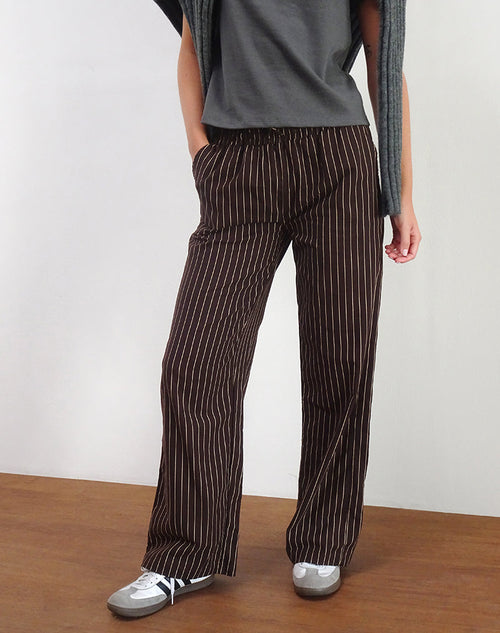 Image of Wasic Wide Leg Linen Trousers in Deep Mahogany Pencil Stripe