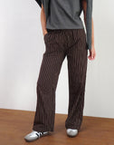 Image of Wasic Wide Leg Linen Trousers in Deep Mahogany Pencil Stripe