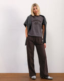 Image of Wasic Wide Leg Linen Trousers in Deep Mahogany Pencil Stripe