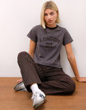 Image of Sakha Boxy Tee in Dark Grey with London Print and Brown Binding