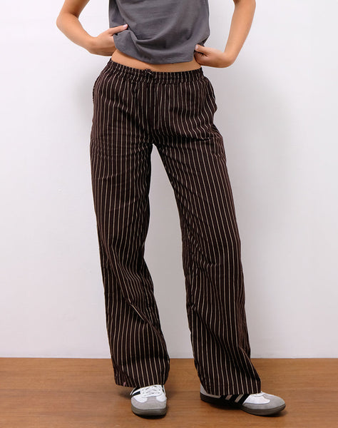 Image of Wasic Wide Leg Linen Trousers in Deep Mahogany Pencil Stripe