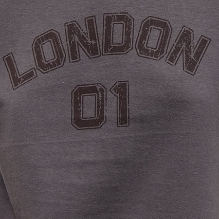 Sakha Boxy Tee in Dark Grey with London Print and Brown Binding