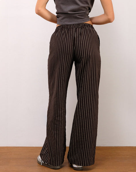 Image of Wasic Wide Leg Linen Trousers in Deep Mahogany Pencil Stripe