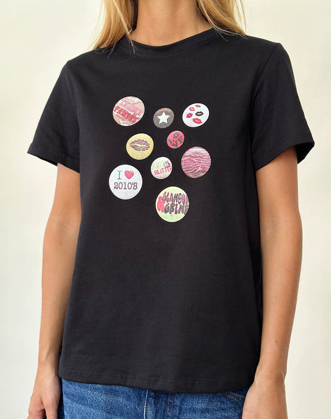 Image of Saki Tee in Black with Badges Graphic