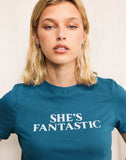 Image of Saki Tee in Mediterranean Blue with She's Fantastic Slogan