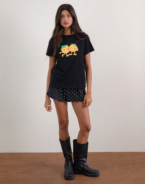 Image of Saki Tee in Black with Printed Squeeze Me Orange