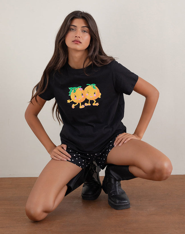 Image of Saki Tee in Black with Printed Squeeze Me Orange