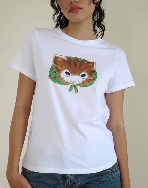 Image of Saki White Tee in Kitty Print