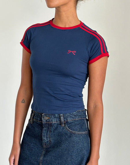 Isda Top in Nantucket Blue with Navy Binding and M Embroidery