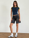 Image of Salda Top in Navy with Mustard Binding and Bow Embroidery