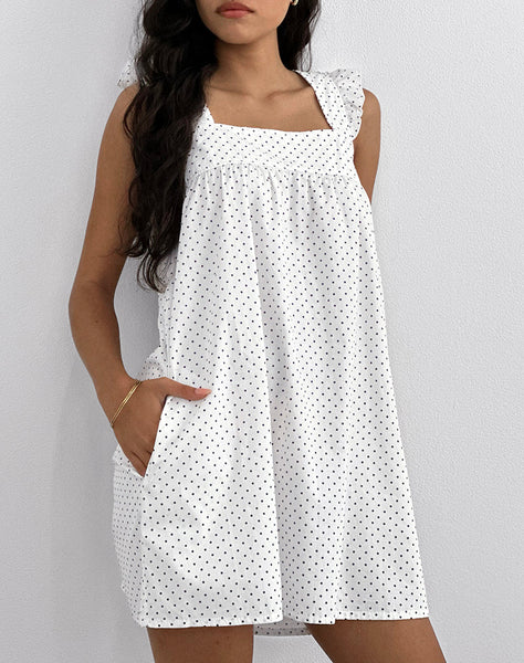 Image of Sanaly Mini Dress in White with Black Micro Polka