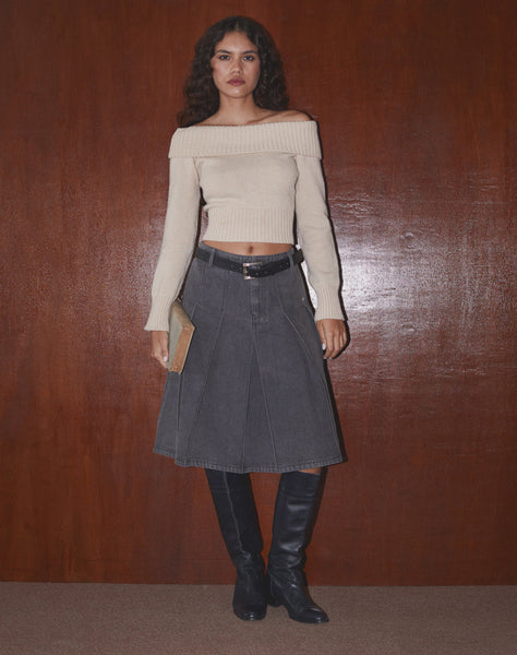 Image of Sanjani Pleated Denim Midi Skirt in Grey Wash