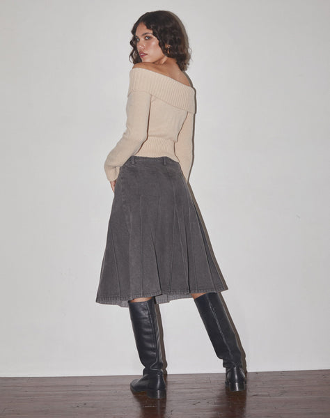 Image of Sanjani Pleated Denim Midi Skirt in Grey Wash