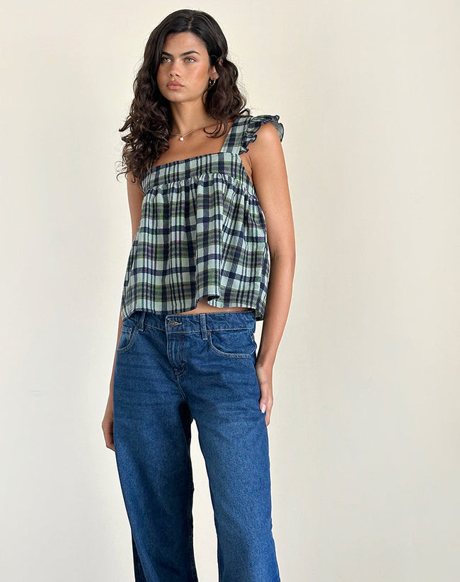 Image of Sanula Top in Linen Mono Check Green