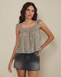 Image of Sanula Top in Blue and Brown Floral Bohemian Batik