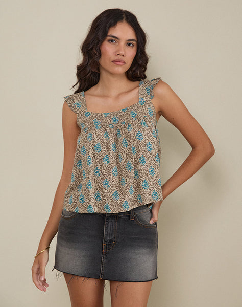 Image of Sanula Top in Blue and Brown Floral Bohemian Batik