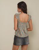 Image of Sanula Top in Blue and Brown Floral Bohemian Batik