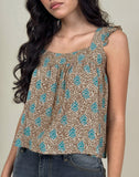 Image of Sanula Top in Blue and Brown Floral Bohemian Batik