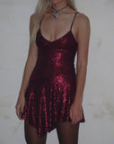 Image of Sarabeth Waterfall Hem Mini Dress in Burgundy Sequin