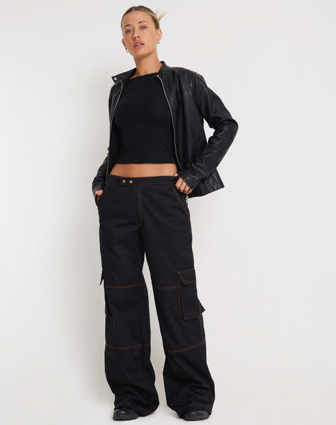 Image of Saul Wide Leg Cargo Trouser in Black with Orange Stitching