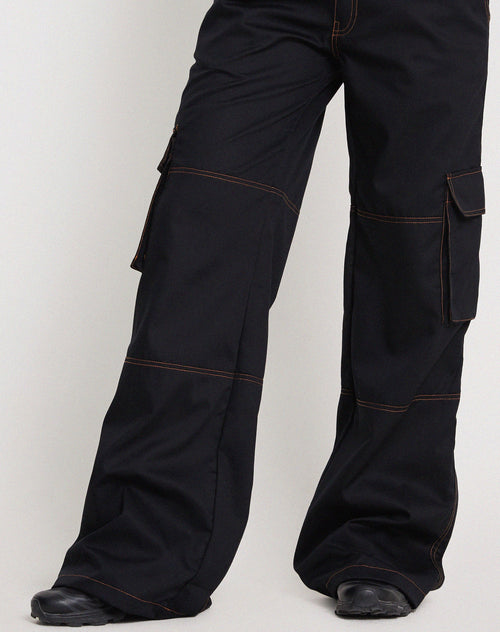 Image of Saul Wide Leg Cargo Trouser in Black with Orange Stitching