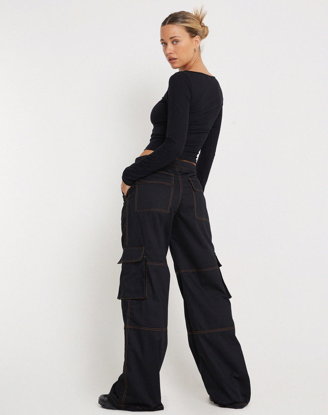 Image of Saul Wide Leg Cargo Trouser in Black with Orange Stitching