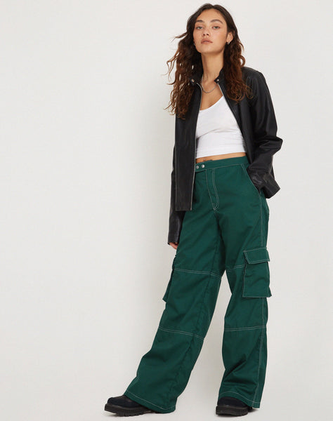 Image of Saul Wide Leg Cargo Trouser in Bottle Green with White Stitching