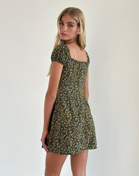 Image of Savio Mini Dress in Grunge Floral Khaki