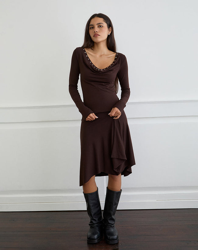 Image of Scanio Long Sleeve Cowl Top with Studs in Bitter Chocolate