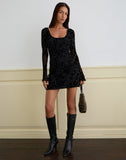 Image of Selca Mini Dress in Flock Leaf Flower Black