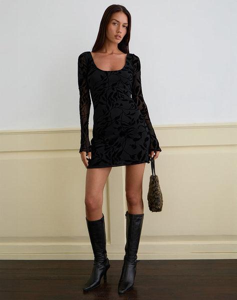 Image of Selca Mini Dress in Flock Leaf Flower Black