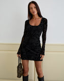 Image of Selca Mini Dress in Flock Leaf Flower Black