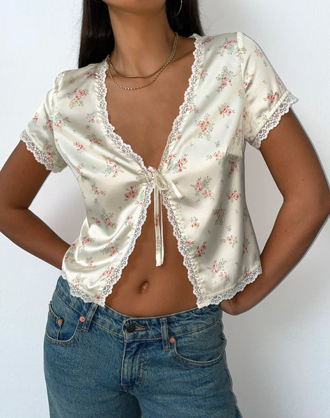 Image of Selene Tie Front Top in Satin Vintage Rose Garland