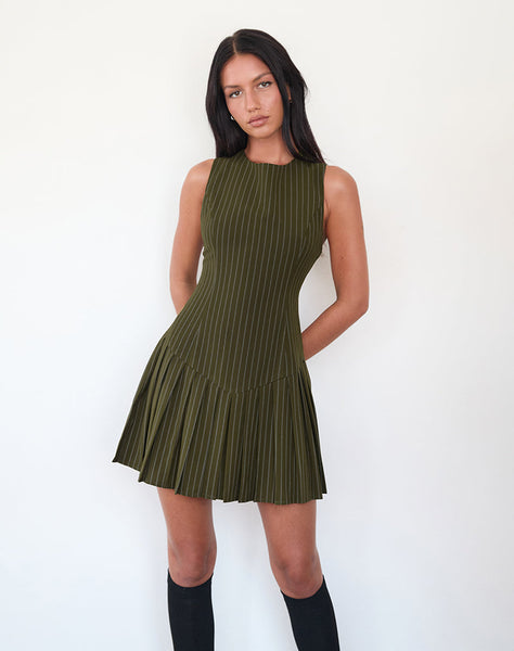 Image of Semasa Mini Dress in Khaki Pinstripe