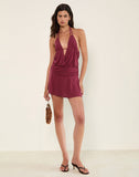 Image of Senara Cinch Waist Halterneck Mini Dress in Burgundy