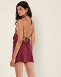 Image of Senara Cinch Waist Halterneck Mini Dress in Burgundy