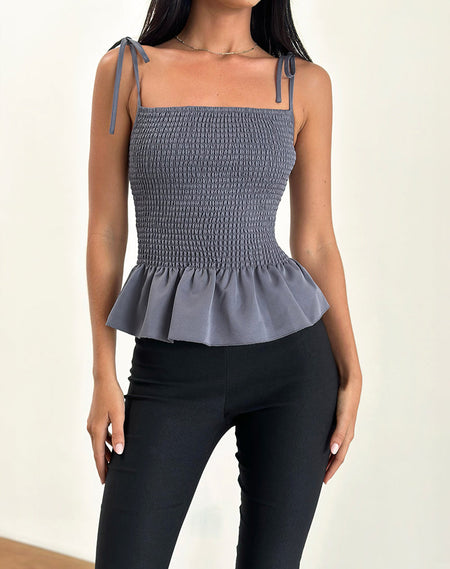 Notina Puff Sleeve Top in Shirred Grey