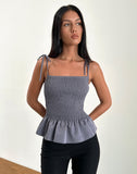 Image of Seora Tie Shoulder Shirred Top in Grey