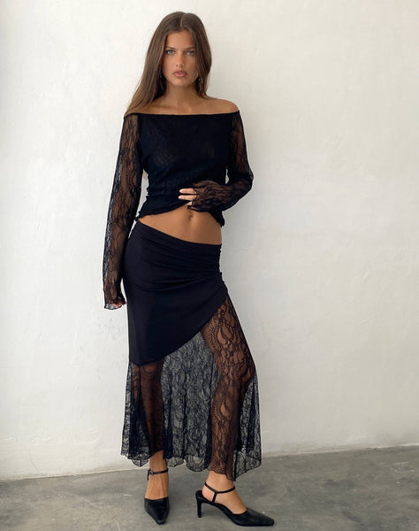 Image of Seraphina Asymmetric Lace Hem Maxi Skirt in Black