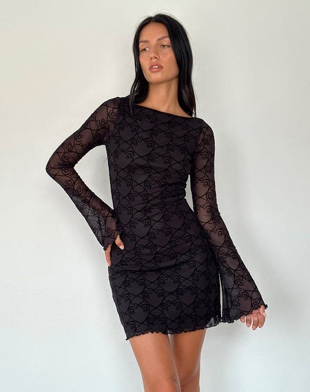 Dasa Long Sleeve Mini Dress in Big Polka Flock Black