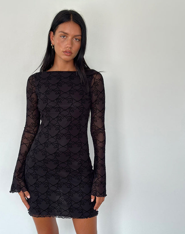 Image of Sevila Long Sleeve Mini Dress in Black Queen of Heart Flock