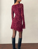 Image of Sevila Long Sleeve Mini Dress in Flocked Botanical Flower Maroon