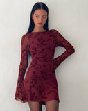 Image of Sevila Long Sleeve Mini Dress in Flocked Botanical Flower Maroon