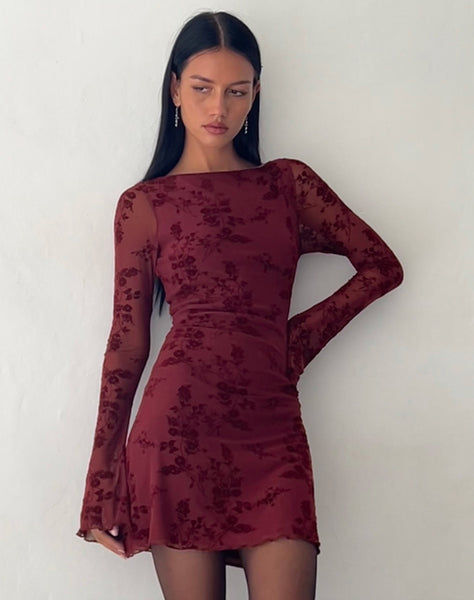 Image of Sevila Long Sleeve Mini Dress in Flocked Botanical Flower Maroon