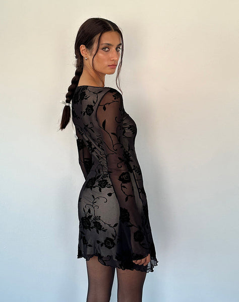 Image of Sevila Long Sleeve Mini Dress in Black Rose Flock