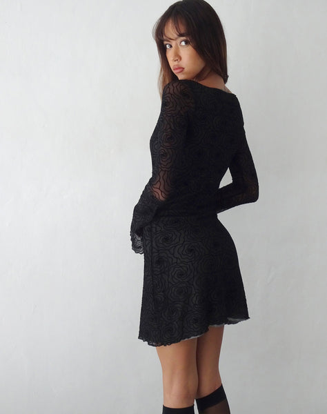 Image of Sevila Long Sleeve Mini Dress in Mesh Black Abstract Flower Flock