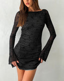 Image of Sevila Long Sleeve Mini Dress in Mesh Black Abstract Flower Flock