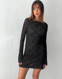 Image of Sevila Long Sleeve Mini Dress in Mesh Black Abstract Flower Flock