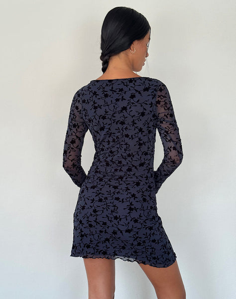 Image of Sevila Long Sleeve Mini Dress in Flocked Petal Navy